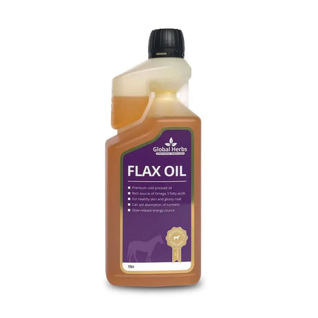 A 1-liter global herbs flax oil bottle with amber liquid in a clear plastic container and purple label with gold accents