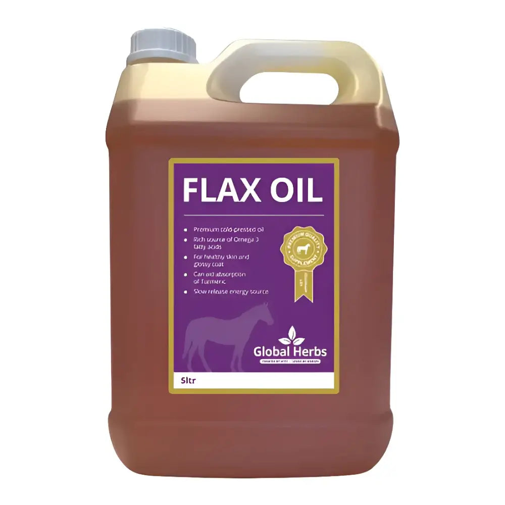 A 5-liter jug of global herbs flax oil with a purple label featuring white text and gold accents for supplements global herbs