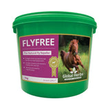 Green plastic bucket containing global herbs flyfree natural anti fly supplement insect repellent supplements