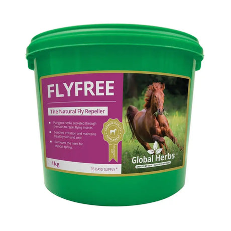 Green plastic bucket containing global herbs flyfree natural anti fly supplement insect repellent supplements