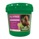 Green plastic tub of global herbs flyfree natural anti-fly supplement insect repellent supplements for horses