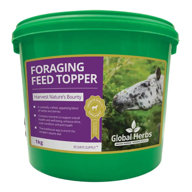 Green plastic bucket of global herbs foraging feed topper with purple gold label featuring a spotted horse for modern equine diet