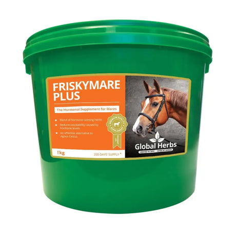 Green plastic bucket of global herbs frisky mare plus with orange black label and horse photo traditional herbal formula