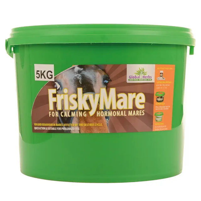 Green plastic bucket of global herbs friskymare with brown orange label for calming hormonal mares