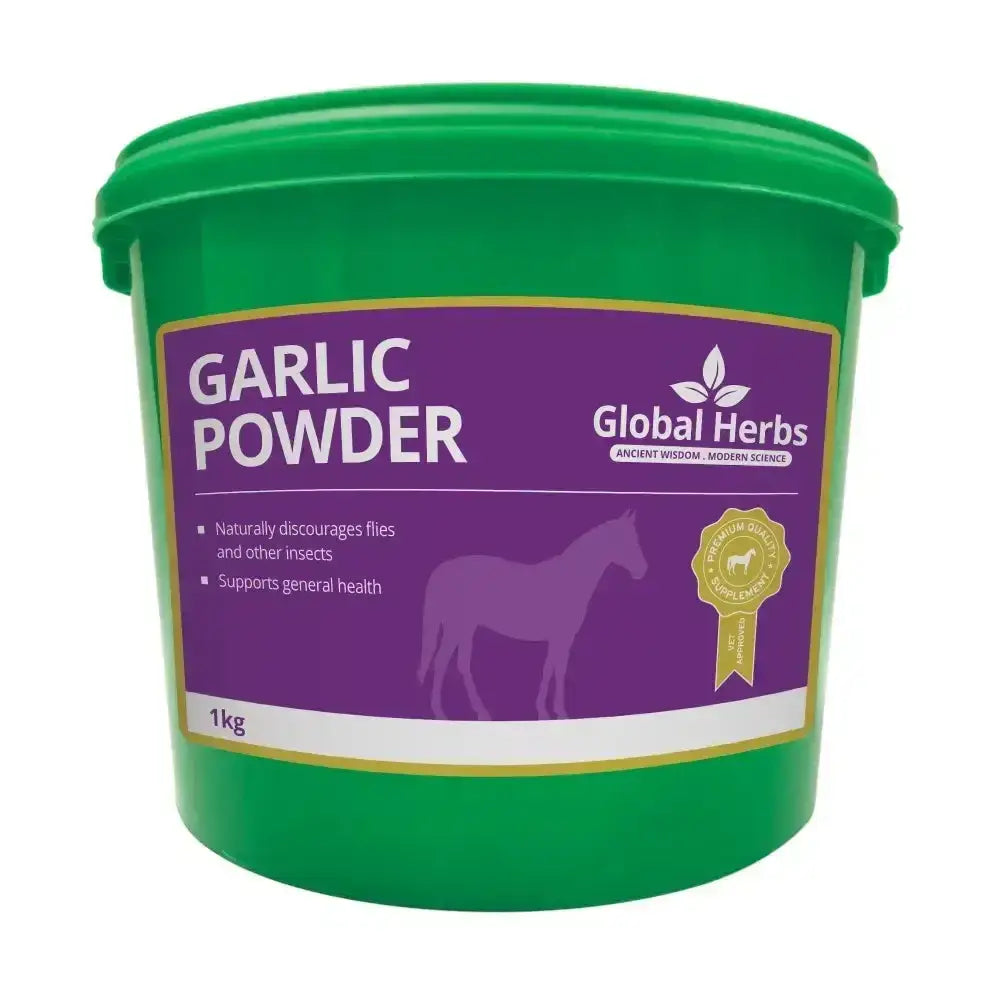 Green plastic bucket of global herbs garlic powder 1kg perfect for healthy skin condition and to encourage normal breathing
