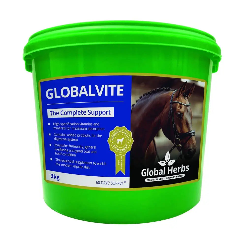 Bright green plastic bucket of global herbs globalvite 3kg equine supplement to amino acids hydrate horse’s body