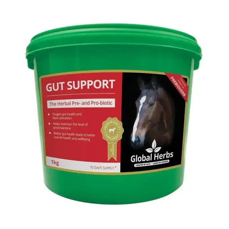 Green plastic bucket of global herbs gut support 1kg probiotic herbal supplement for horses providing herbs gut support