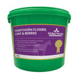 Green plastic bucket with purple label of global herbs hawthorn flower leaf and berries herbal supplement