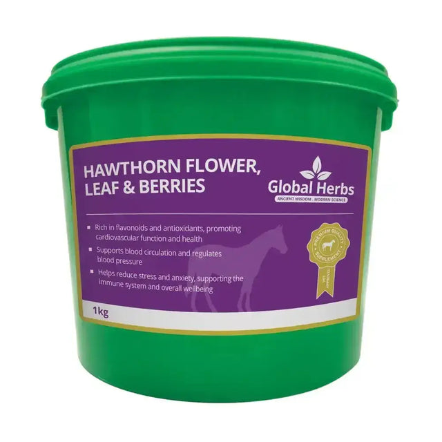 Green plastic bucket with purple label of global herbs hawthorn flower leaf and berries herbal supplement