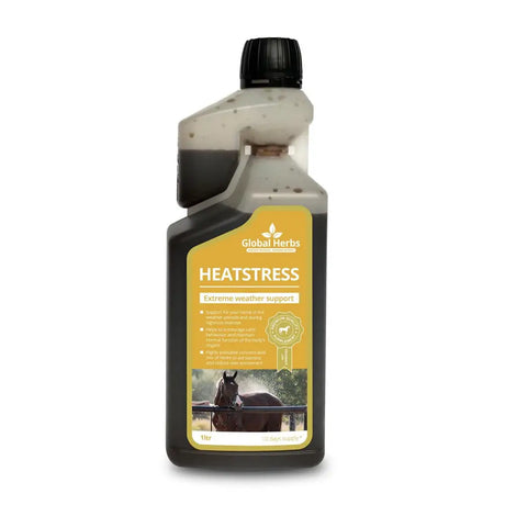 A 1-liter bottle of global herbs heat stress liquid dark supplement in a translucent plastic container with horse label