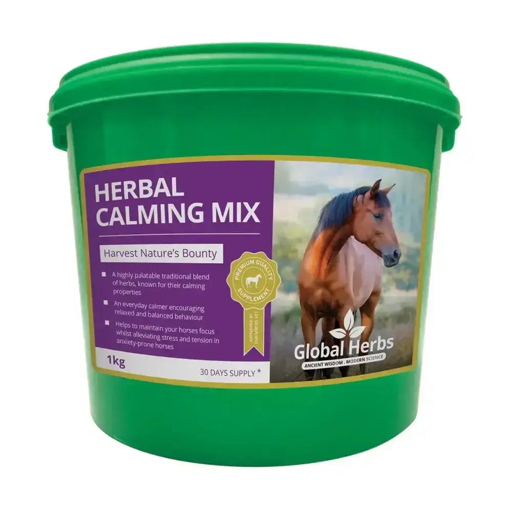 Green plastic bucket of global herbs herbal calming mix for horses providing natural calming support
