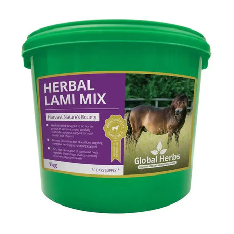 Green plastic bucket of global herbs herbal lami mix with purple and gold label featuring a horse image