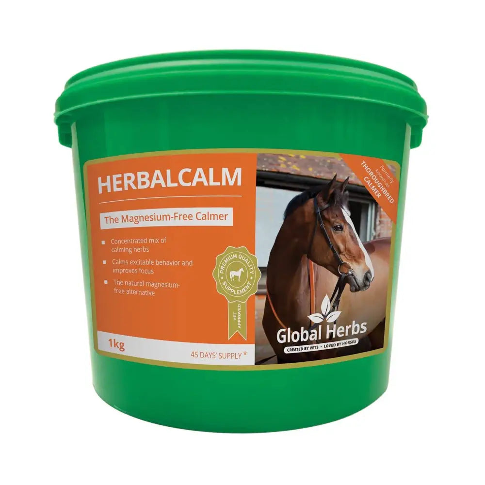 Green plastic bucket of global herbs herbalcalm 1kg magnesium-free herbal supplement with holy basil and winter cherry for horses