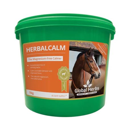 Green plastic bucket of global herbs herbalcalm 1kg magnesium-free herbal supplement with holy basil and winter cherry for horses