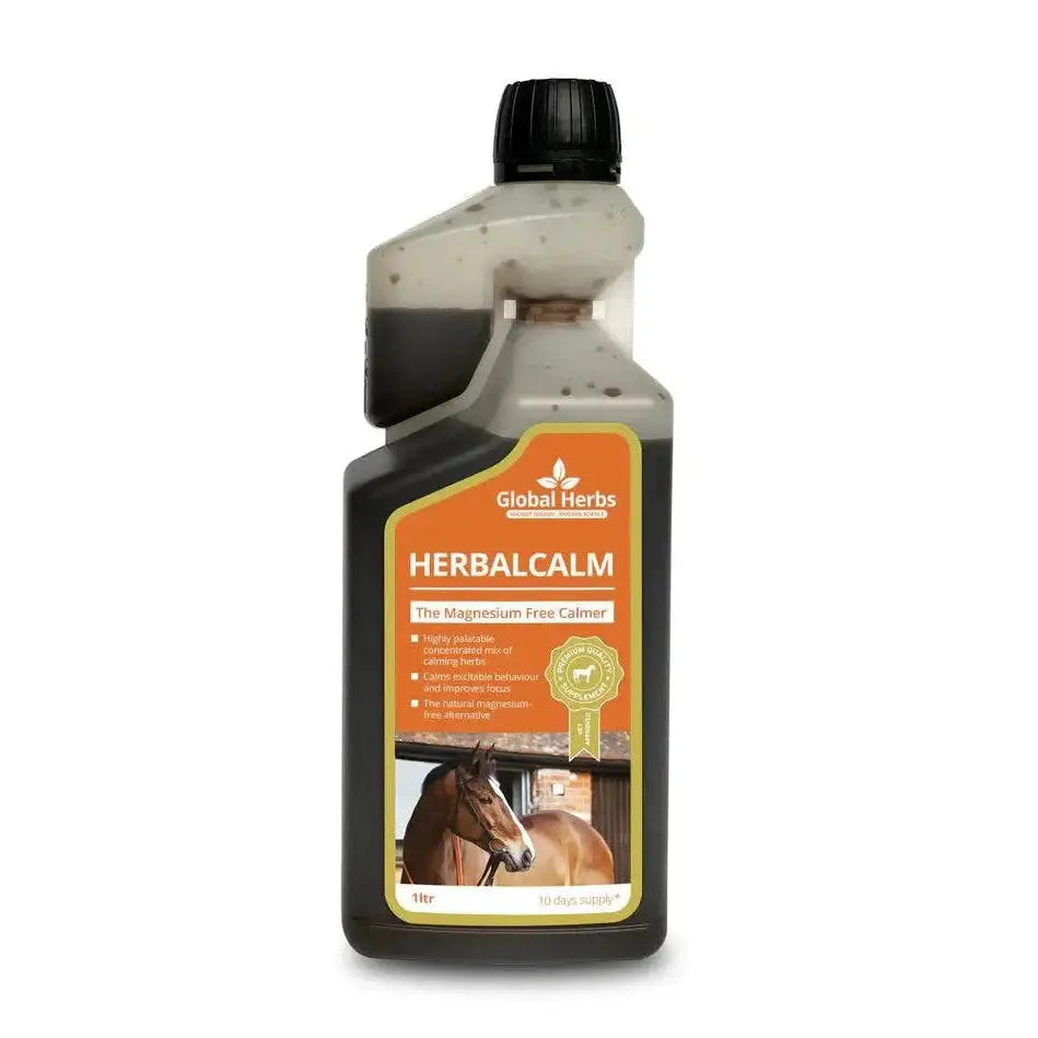 A dark amber bottle of global herbs herbalcalm liquid with black cap and orange label magnesium-free horse calming