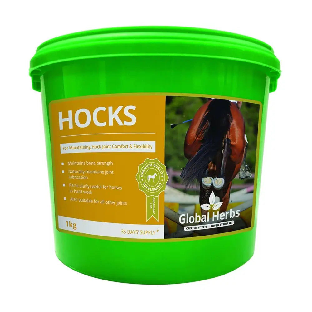 Bright green plastic bucket of global herbs hocks equine joint supplements to maintain optimum comfort and flexibility