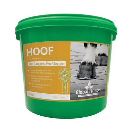 Green plastic 5kg bucket of global herbs hoof targeted hoof support supplement for horses