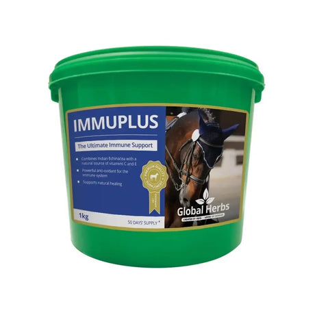 Green plastic bucket of global herbs immuplus with a blue label featuring holy basil winter cherry and a horse image