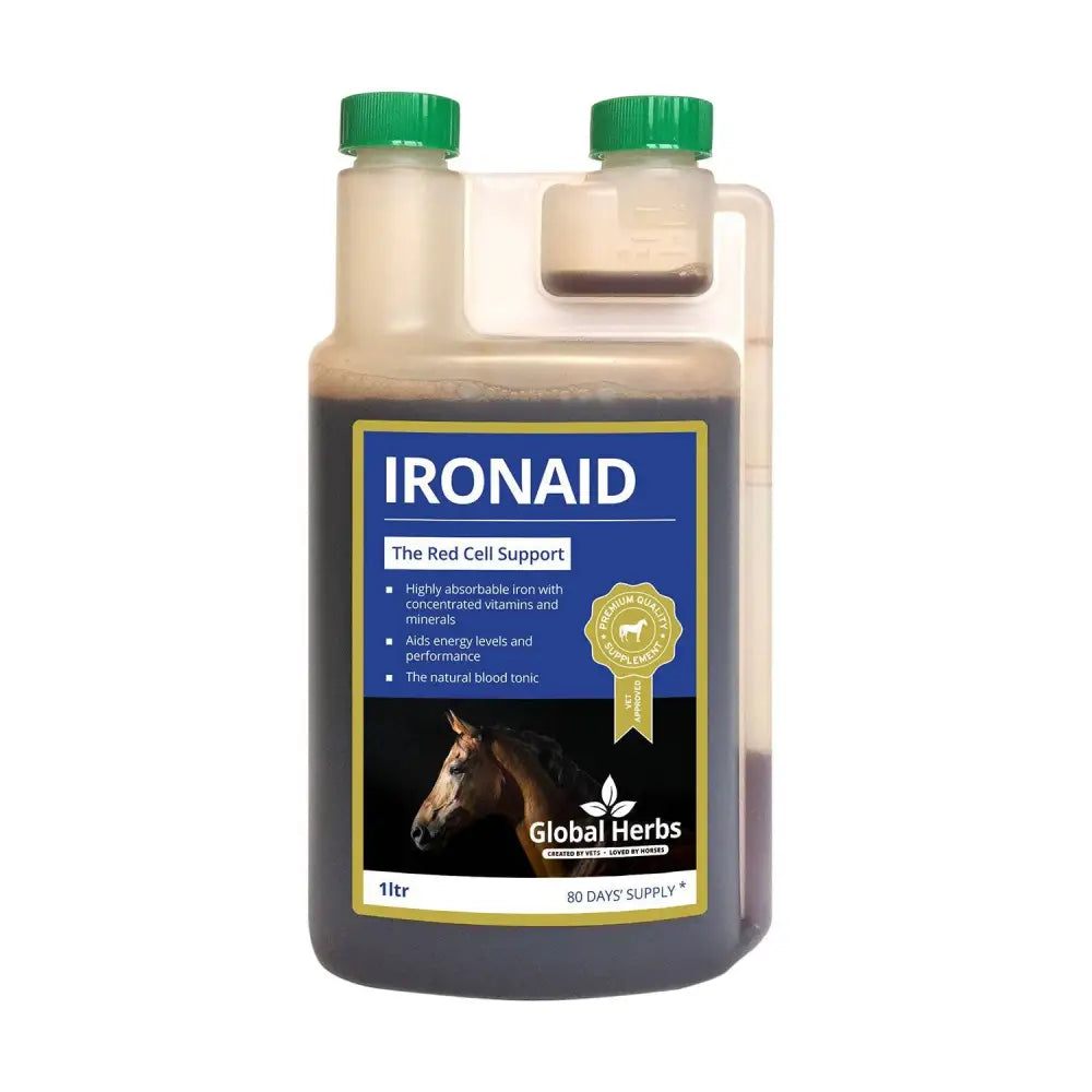 A 1-liter bottle of global herbs ironaid dark liquid iron complexed fulvic acid supplement with green caps and blue label