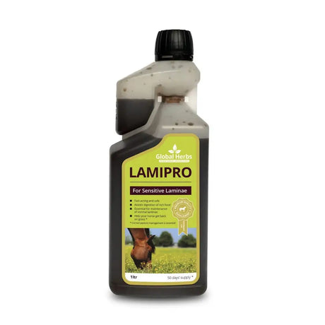 A 1-liter bottle of global herbs lamipro liquid dark supplement for sensitive laminae horse hoof supplements