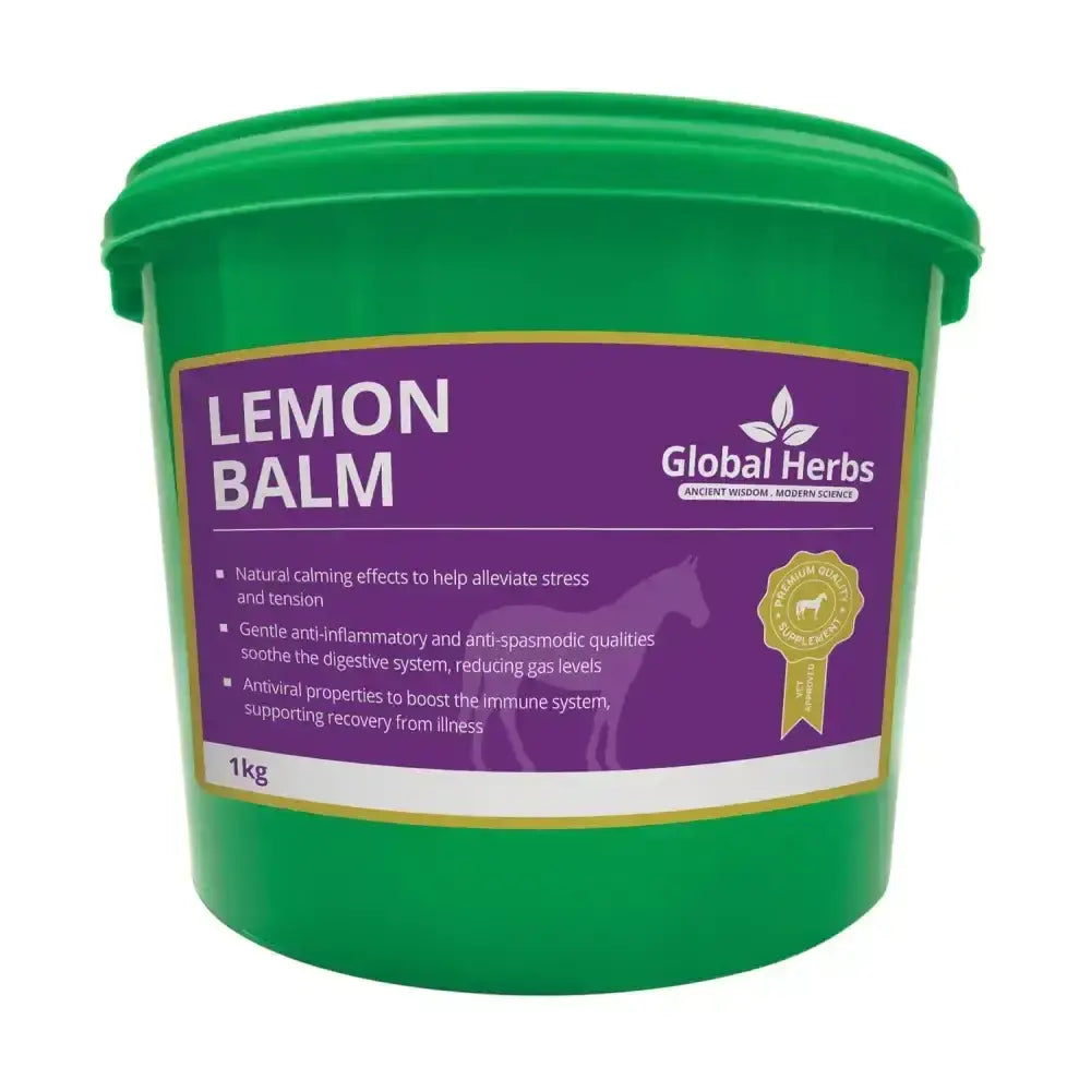 Green plastic tub of global herbs lemon balm 1kg perfect for herbal teas and natural remedies