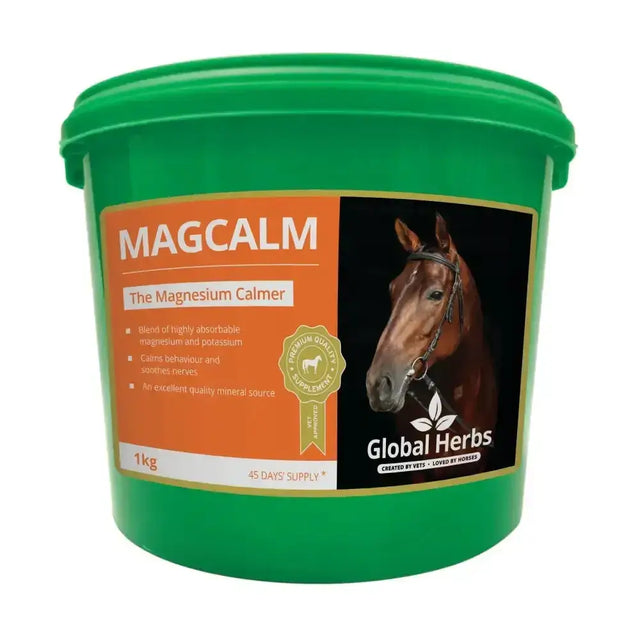 Green plastic bucket of global herbs magcalm ultimate magnesium calmer with easily absorbable complex for horses
