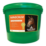 Green plastic bucket of global herbs magcalm ultimate magnesium calmer with easily absorbable complex and horse label