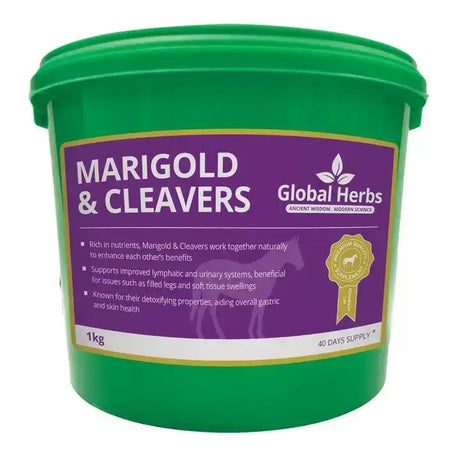 Green plastic bucket with 1kg global herbs marigold and cleavers supplement for horses rich in natural benefits