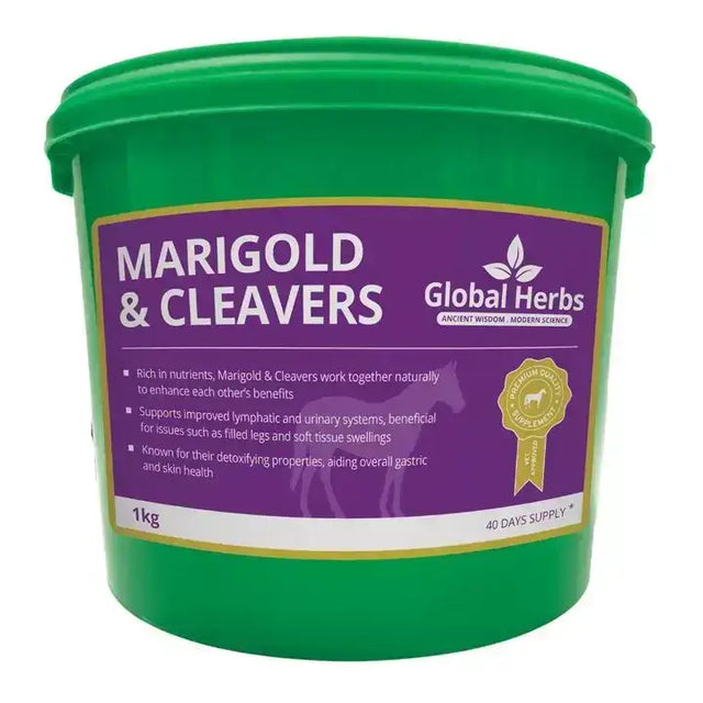 Green plastic bucket with 1kg global herbs marigold and cleavers supplement for horses rich in natural benefits
