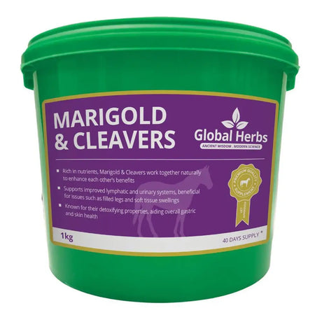 Green plastic bucket with purple label featuring global herbs marigold for marigold & cleavers mix supports health