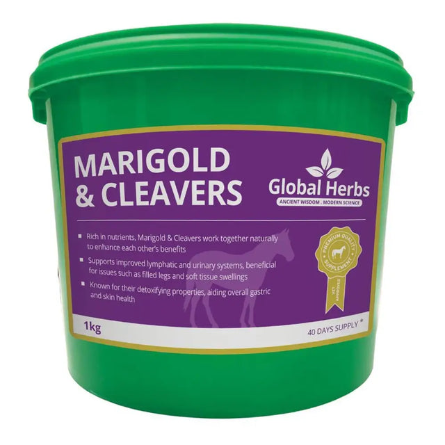 Green plastic bucket with purple label featuring global herbs marigold for marigold & cleavers mix supports health