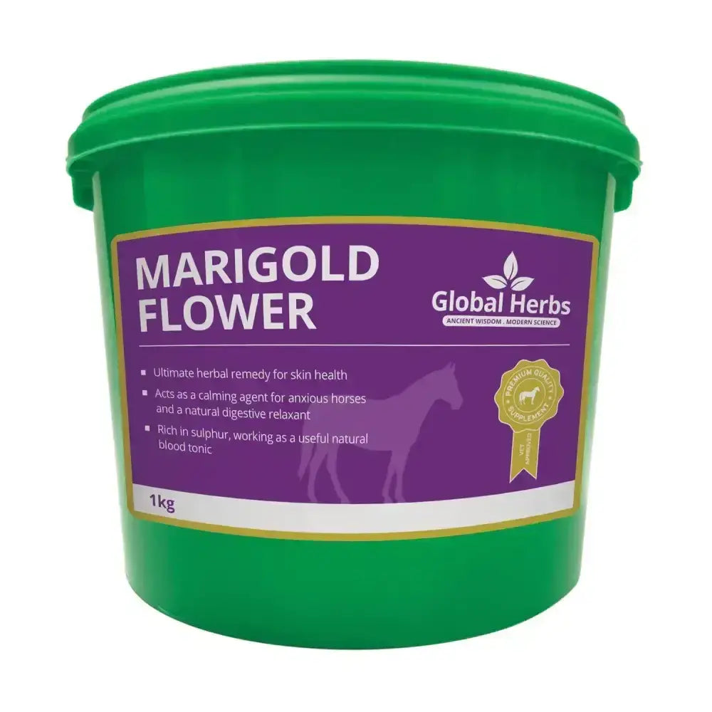 Green plastic bucket with a purple label featuring global herbs marigold flower for horse care herbs marigold flower