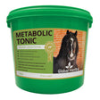 Green plastic bucket of global herbs metabolic tonic 1kg vet-approved supplement for horses supporting blood glucose and insulin levels