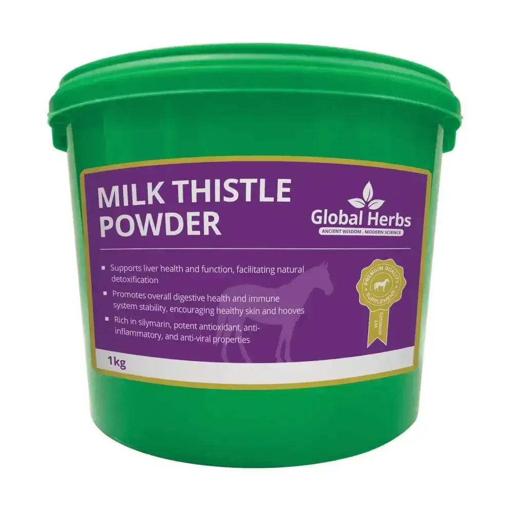 Green plastic bucket of global herbs milk thistle powder 1kg for natural herbal health and detox benefits