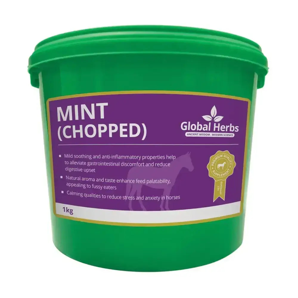 Green plastic bucket with chopped herbs mint for horses labeled global herbs mint in purple and gold branding