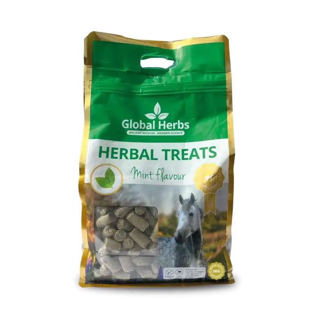 Green and gold bag of global herbs mint herbal treats for horses with refreshing herbs mint herbal flavor