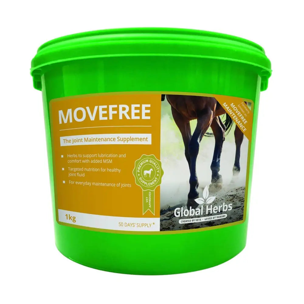 Bright green plastic bucket of global herbs movefree equine joint supplements movefree powder for horses
