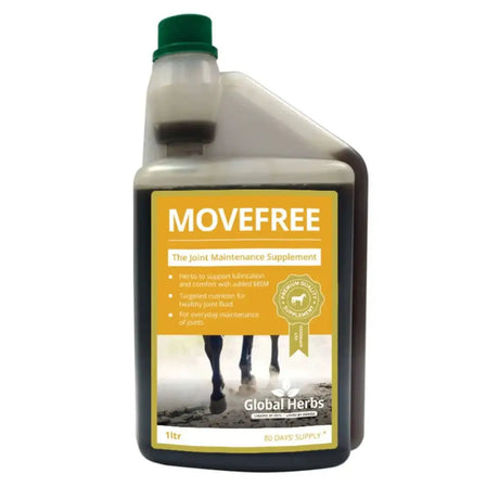 A 1-liter bottle of global herbs movefree liquid with dark amber joint supplement and a green cap for equine use