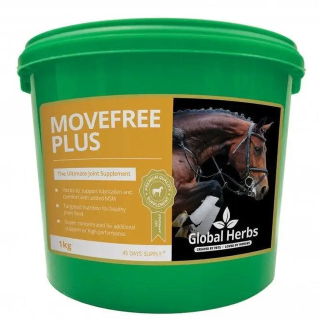 Green plastic bucket of global h movefree plus joint supplement for horses with brown horse image for equestrian care