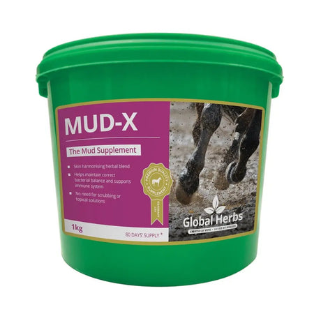 Green plastic bucket of global herbs mud x 1kg herbal supplement for horse skin care in muddy conditions