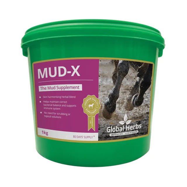 Green plastic bucket of global herbs mud x 1kg herbal supplement for horse skin care in muddy conditions