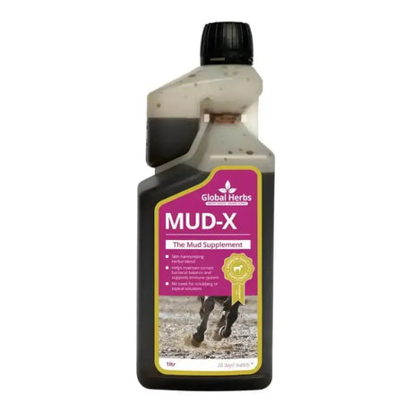 Black plastic bottle of global herbs mud-x liquid 1l with purple label showing horse legs in mud for correct bacterial balance