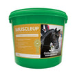 Green plastic bucket of global herbs muscleup horse supplement featuring traditional formula for equine health