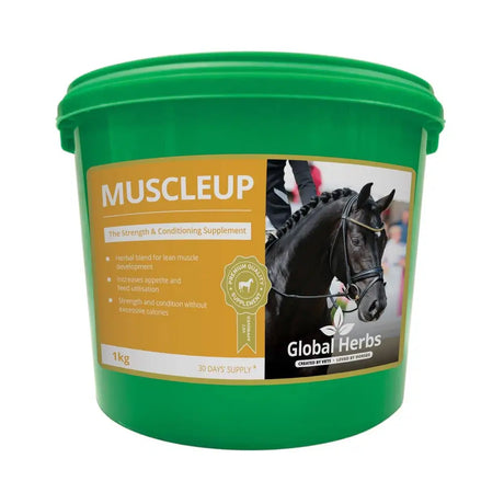 Green plastic bucket of global herbs muscleup horse supplement featuring traditional formula for equine health