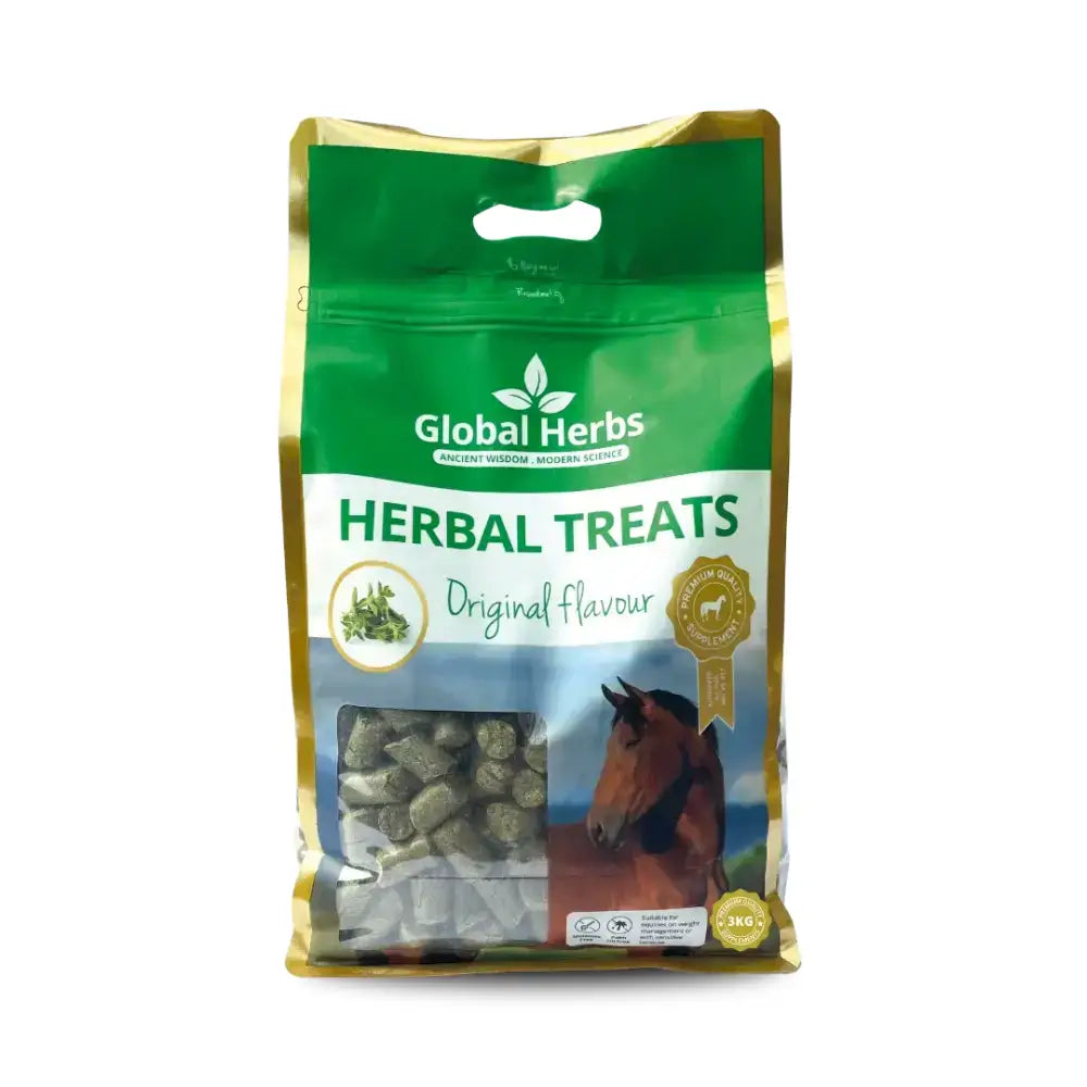 Green and gold packaged global herbs original herbal treats bag with clear window showing original flavor pellets