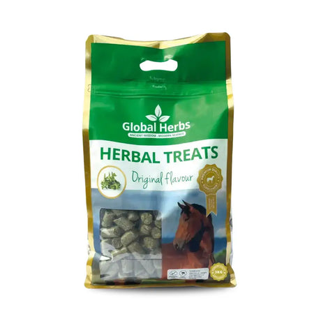 Green and gold packaged global herbs original herbal treats bag with clear window showing original flavor pellets