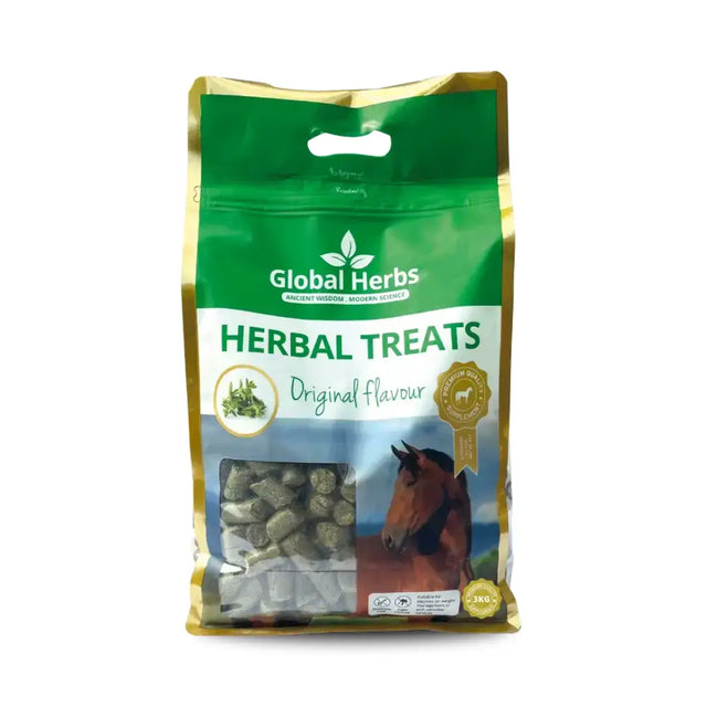 Green and gold packaged global herbs original herbal treats bag with clear window showing original flavor pellets