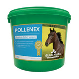 Green plastic bucket of global herbs pollenex with blue yellow label featuring brown horse for easy breathing global