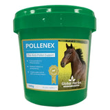 Green plastic bucket of global herbs pollenex horse supplement that offers soothing support for easy breathing global