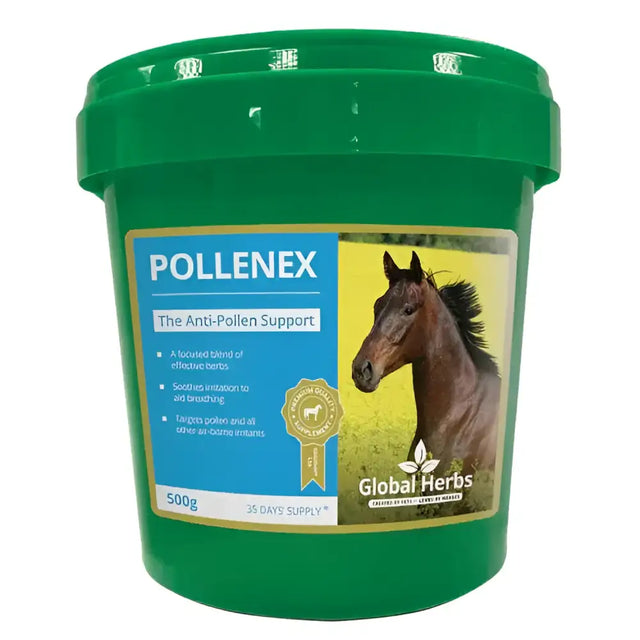 Green plastic bucket of global herbs pollenex horse supplement that offers soothing support for easy breathing global
